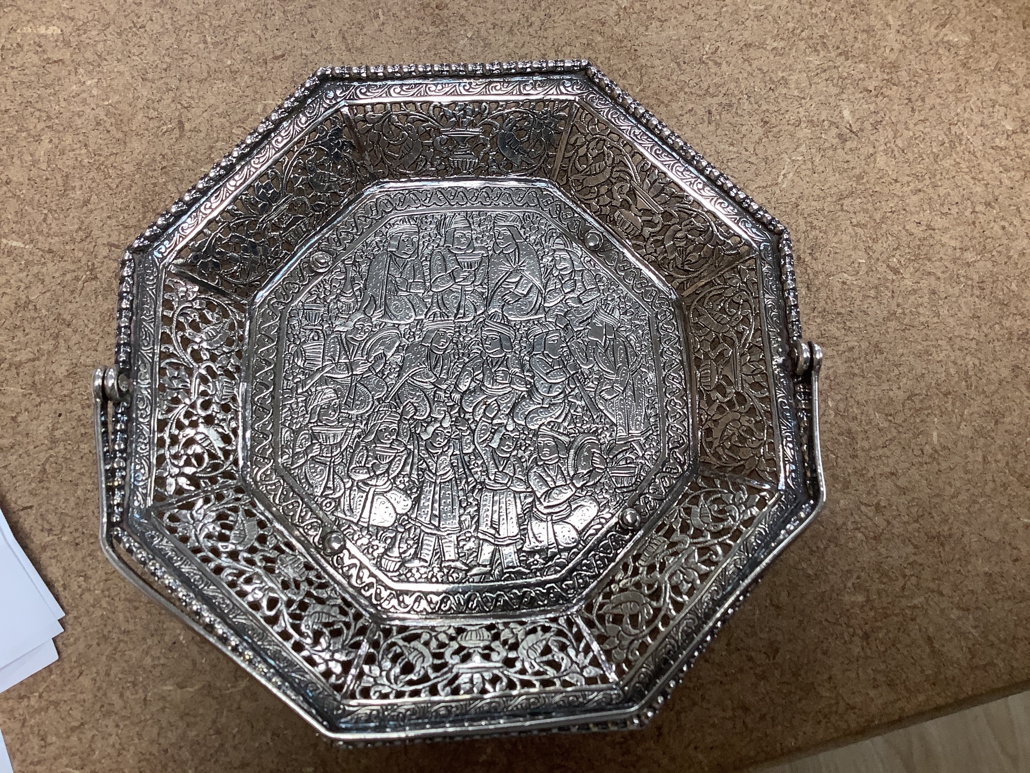 A collection of assorted silver to include a Persian pierced white metal dish, an 800 standard jug and bowl, an agate topped box, a small 925 sterling standard dish.